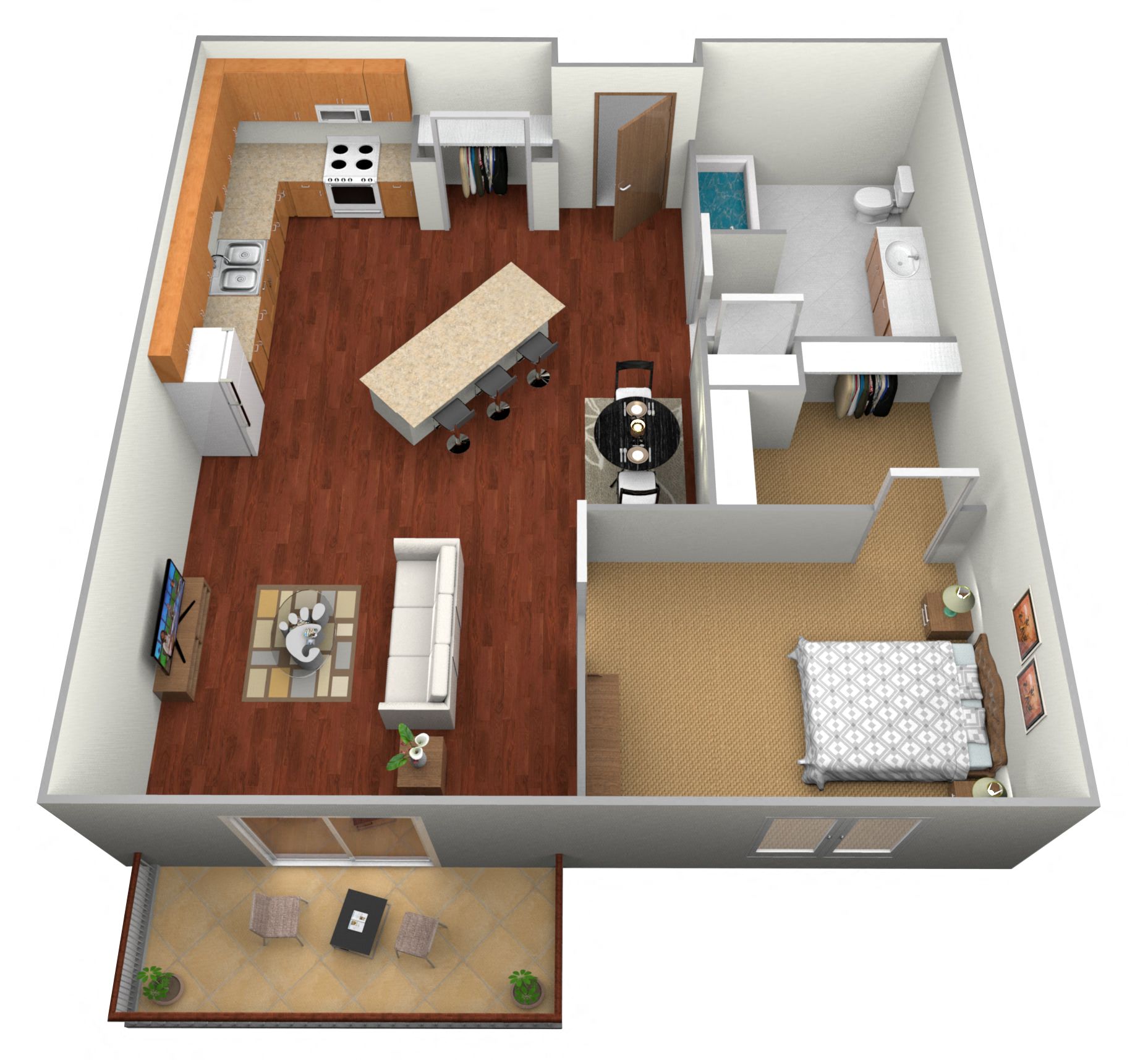 Floor plan for 1 bed, 1 bath, 635 sqft